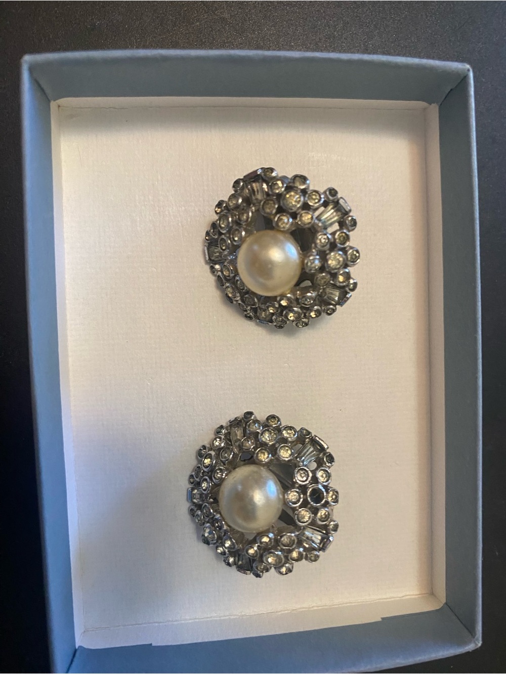Vintage Jomaz Pearl Centered Silver-Tone Crystal Clip Earrings - Women Jewelry